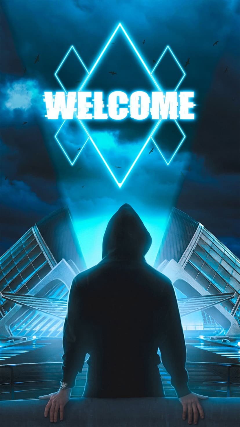 Hooded figure stands before a glowing blue neon welcome sign and futuristic architecture under dark clouds.