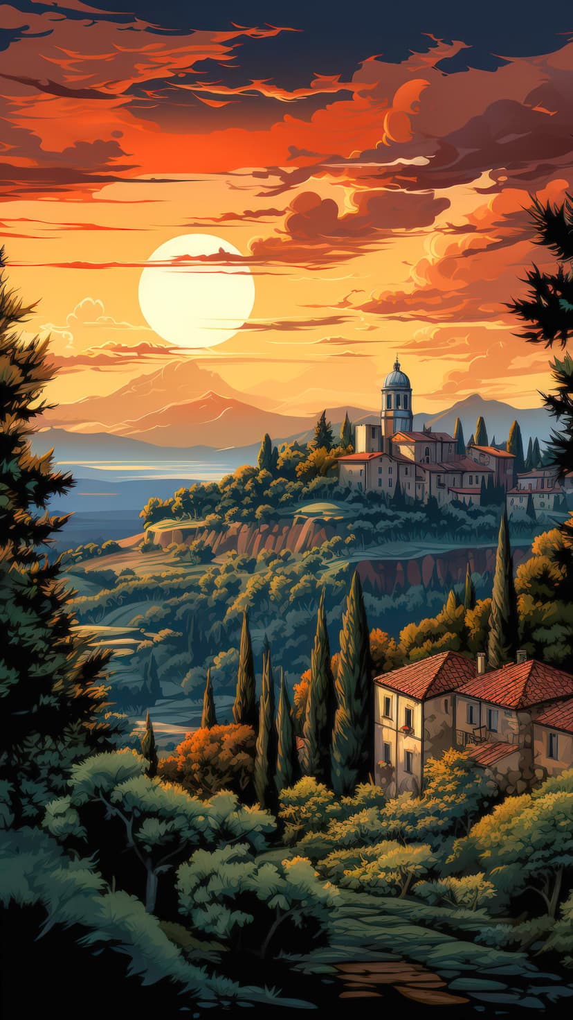 Tuscan villa with a domed roof overlooks rolling hills and cypress trees during a vibrant orange sunset.