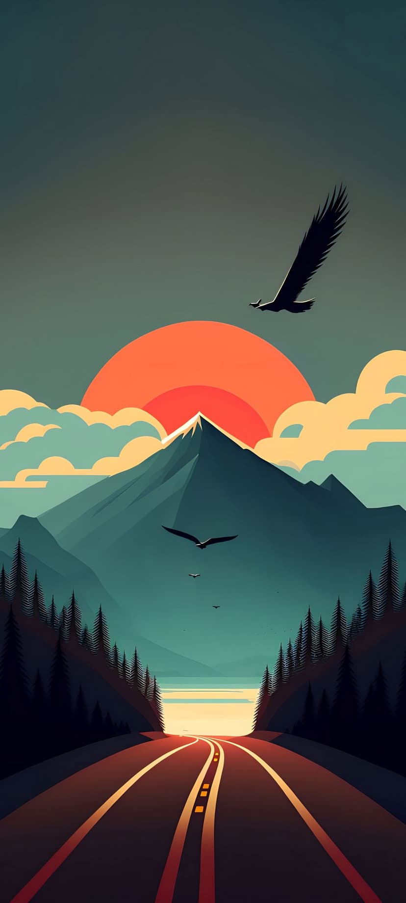 Eagles soar over a winding road and snow-capped mountain peaks under a glowing orange sunset sky with clouds.