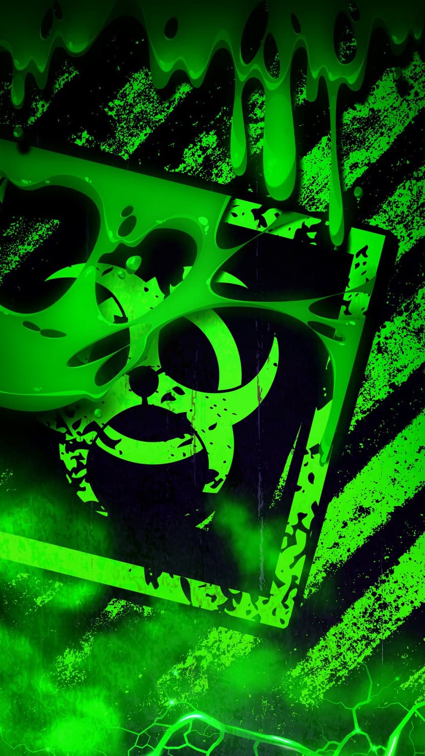 Biohazard symbol covered in dripping green slime against a black and green striped background with grunge texture.