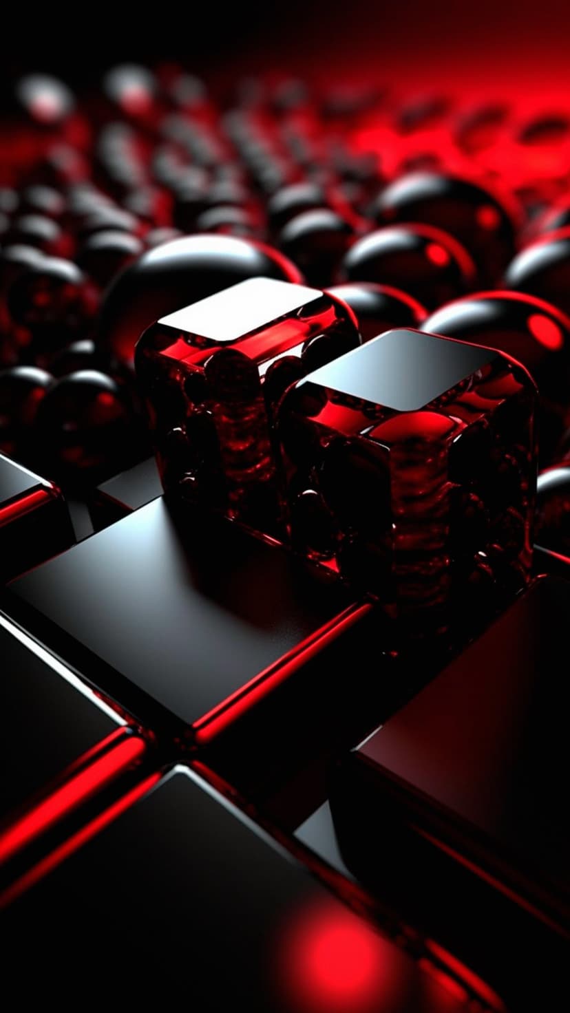 Translucent red cubes and black reflective spheres sit in a dark, high-contrast geometric 3D arrangement.