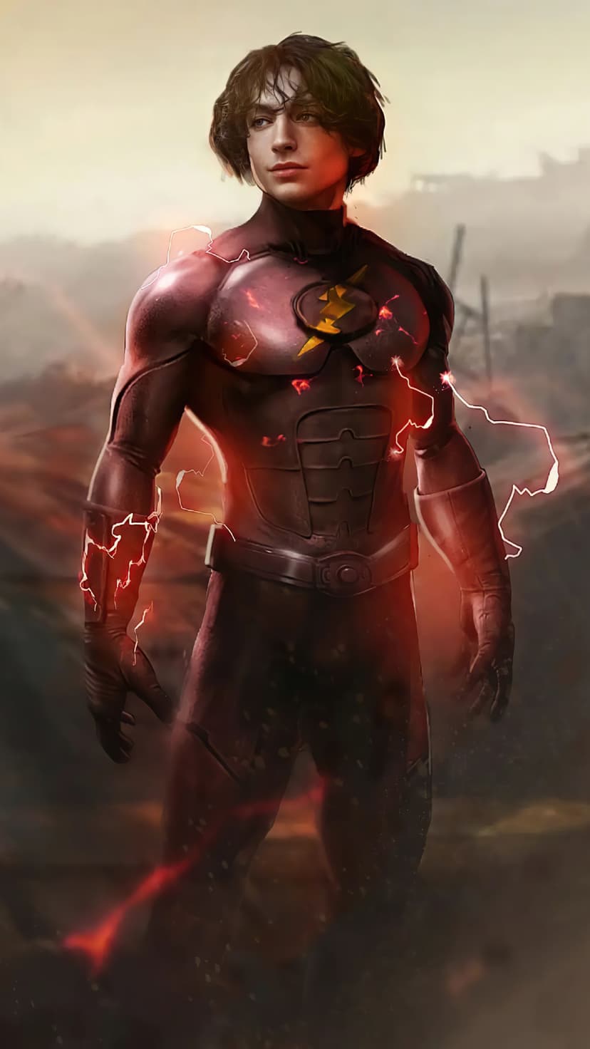 The Flash in a red suit stands amidst crackling red lightning bolts against a hazy, dark architectural backdrop.