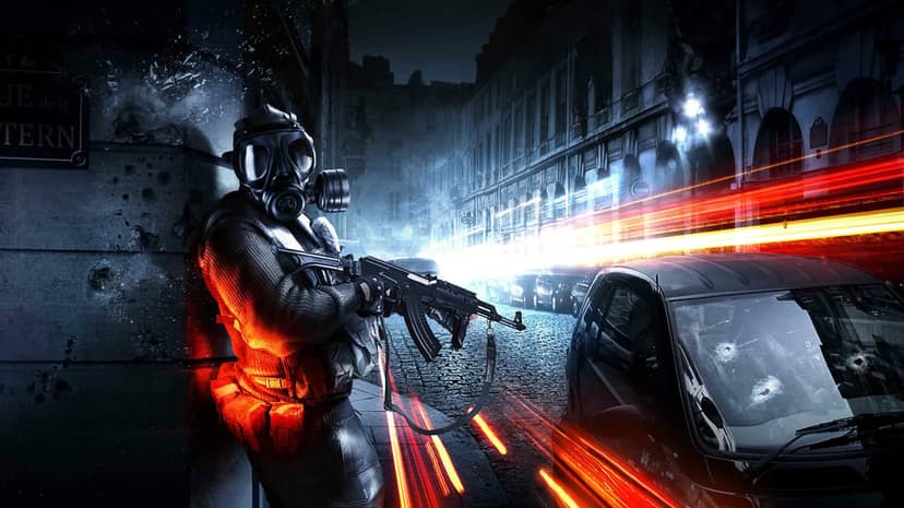 Soldier in gas mask holding a rifle in a bullet-riddled city street at night with orange light streaks.