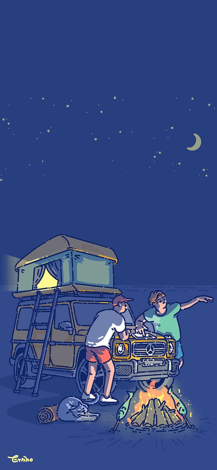 Two people sit by a campfire next to an SUV with a rooftop tent under a starry night sky with a dog nearby.