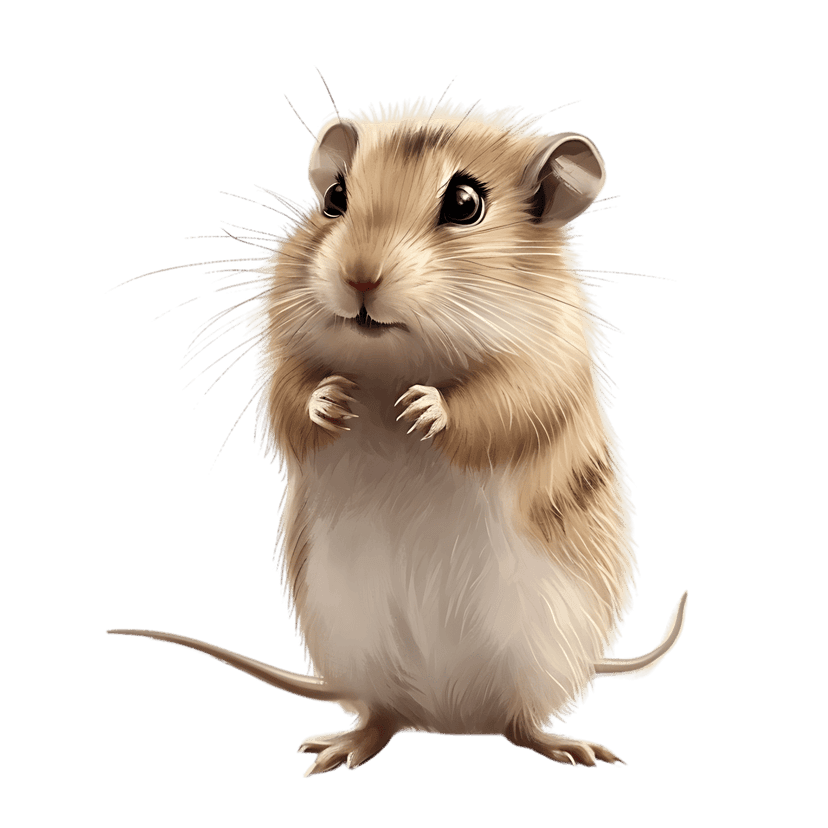 Hamster rodent illustration with light brown fur and white chest standing on hind legs with large dark eyes.