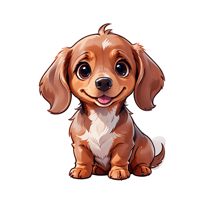 Caramel puppy sticker illustration with glossy finish, white outline, sitting front position, and pink tongue.