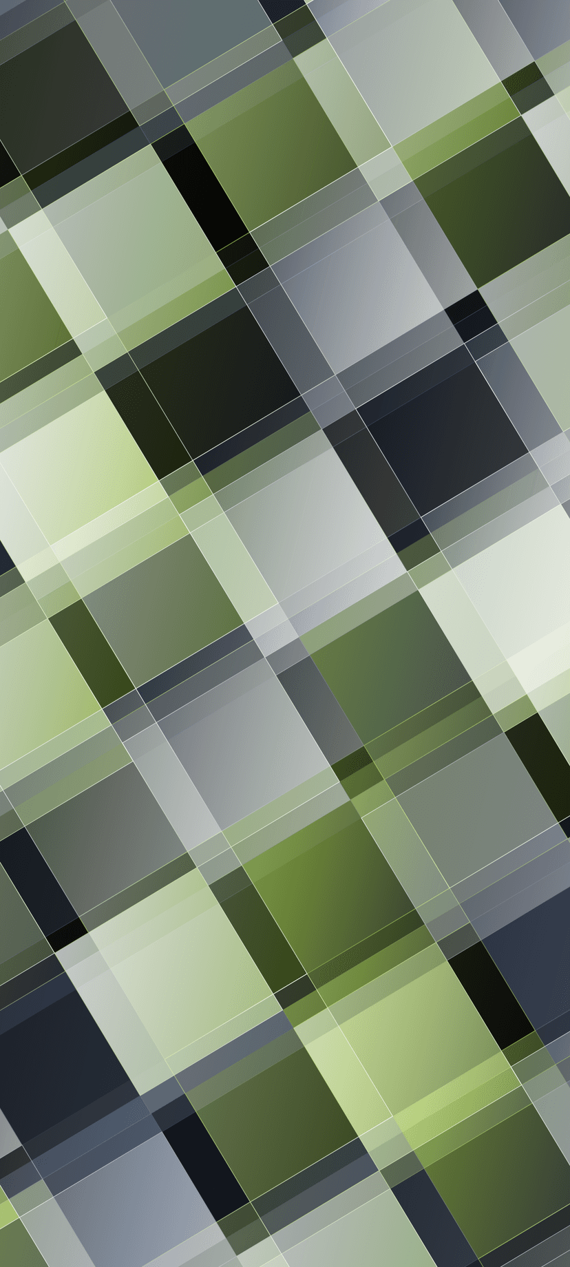 Overlapping green and grey diagonal squares and rectangles create a dense geometric grid with sharp linear shadows.
