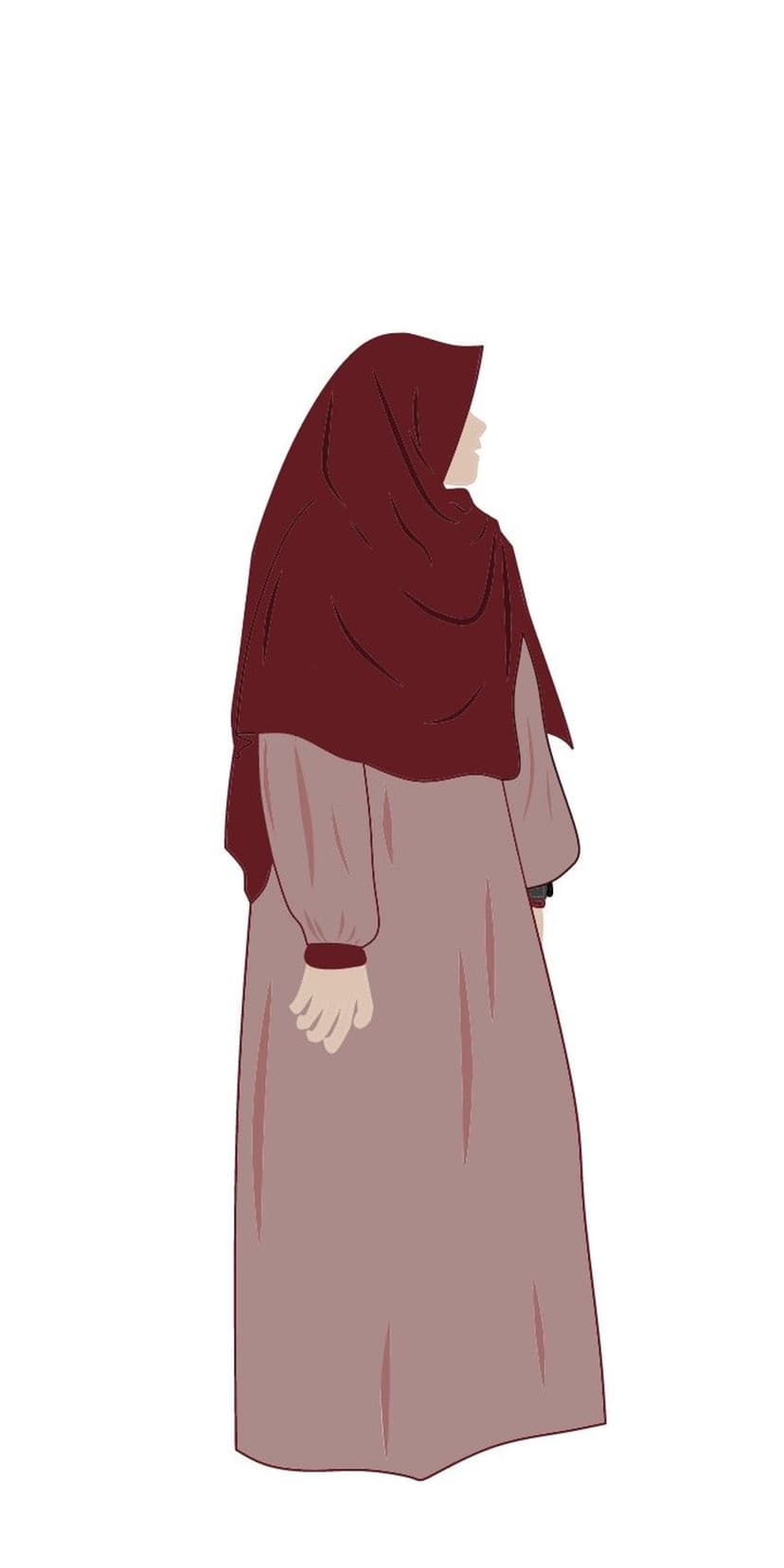 Woman wearing a burgundy hijab and long pinkish-brown dress shown from the side in a minimalist aesthetic.
