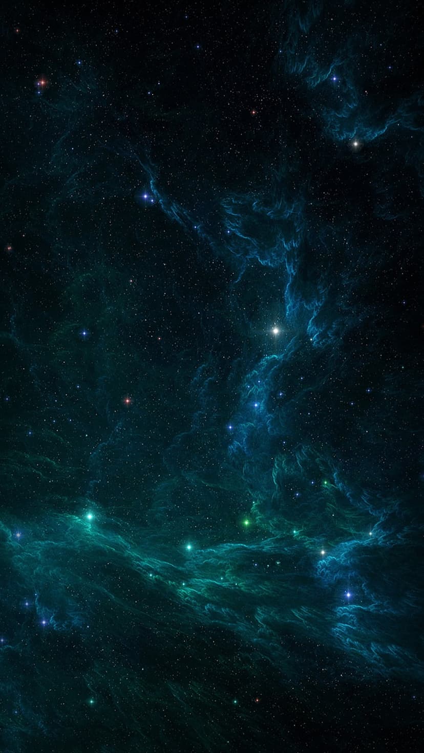 Emerald green and blue cosmic nebula clouds swirl around bright stars in a vast, dark deep space environment.