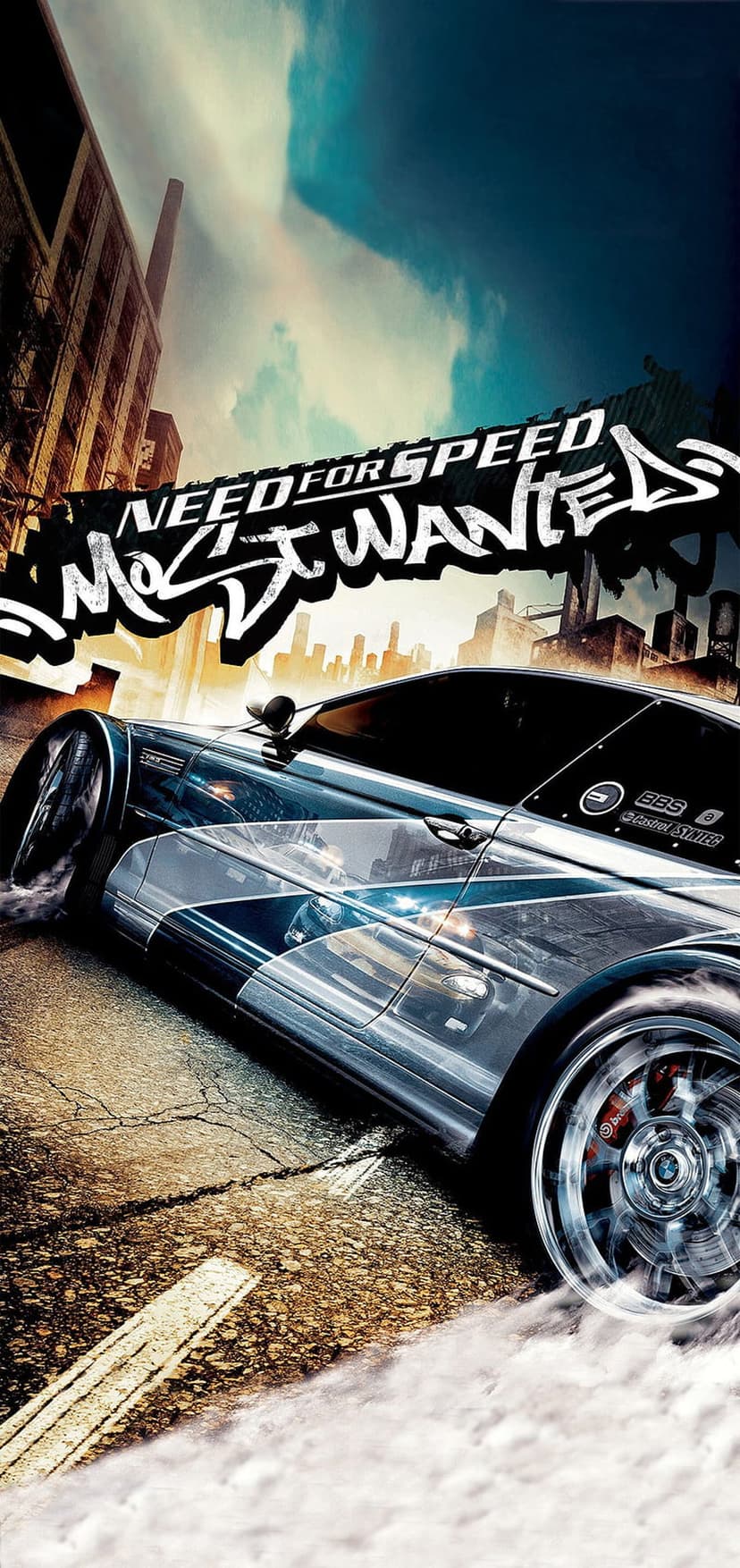 Racing car skids sideways with thick tire smoke against a dark urban cityscape under night lighting.