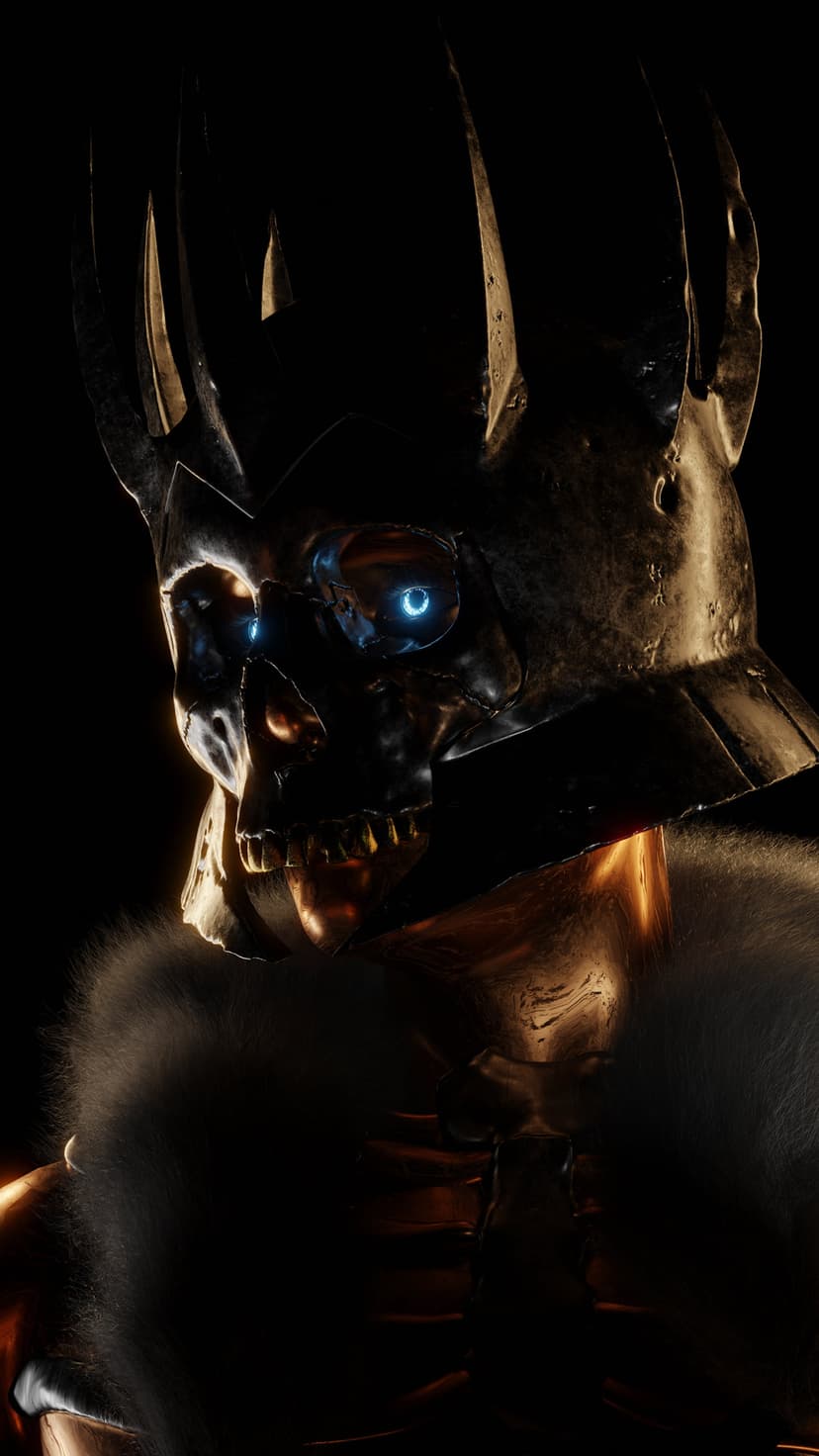 Skeletal king wearing a spiked metal crown and fur-lined armor while his eye sockets emit a bright blue glow.