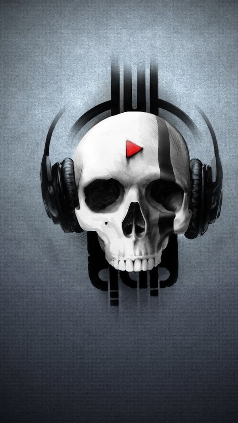 White skull wearing black headphones with a red triangle on its forehead against a textured gray background.