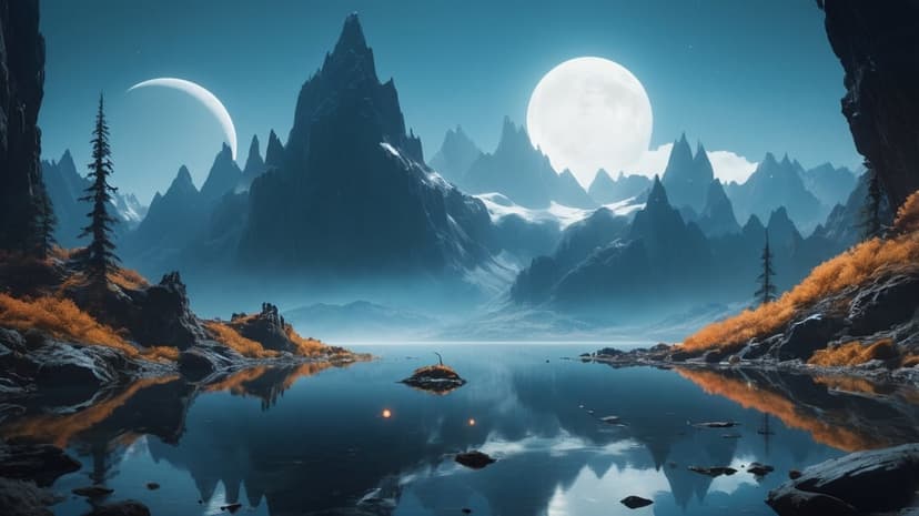 Snow-capped mountains reflect in a dark lake under a large full moon and a crescent moon in a night sky.