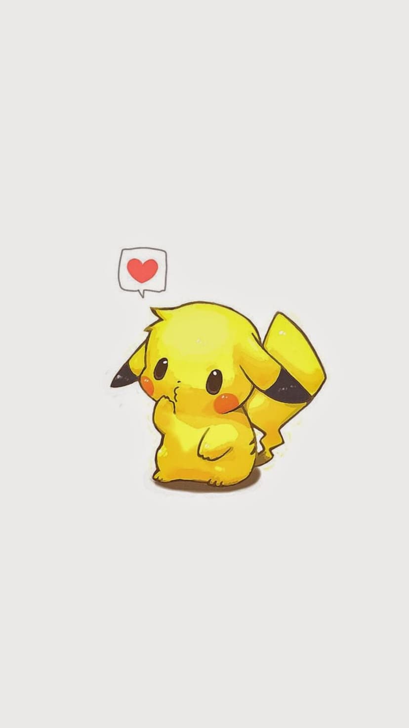 Pikachu smiles while standing beneath a red heart speech bubble, featuring bold yellow and black outlines.