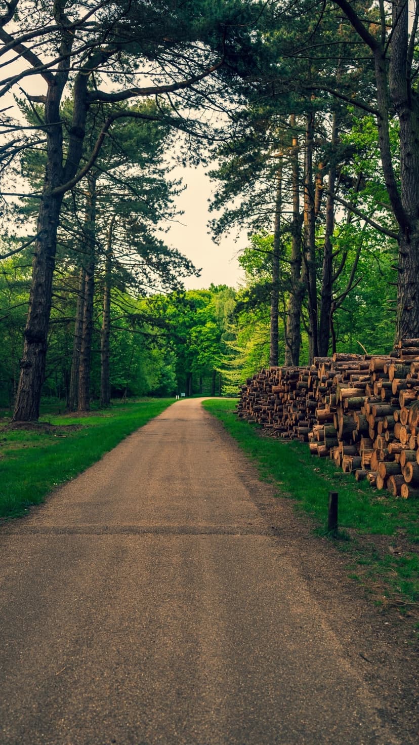 Narrow dirt road winding through a dense green forest with a large stack of cut timber logs on the right side.