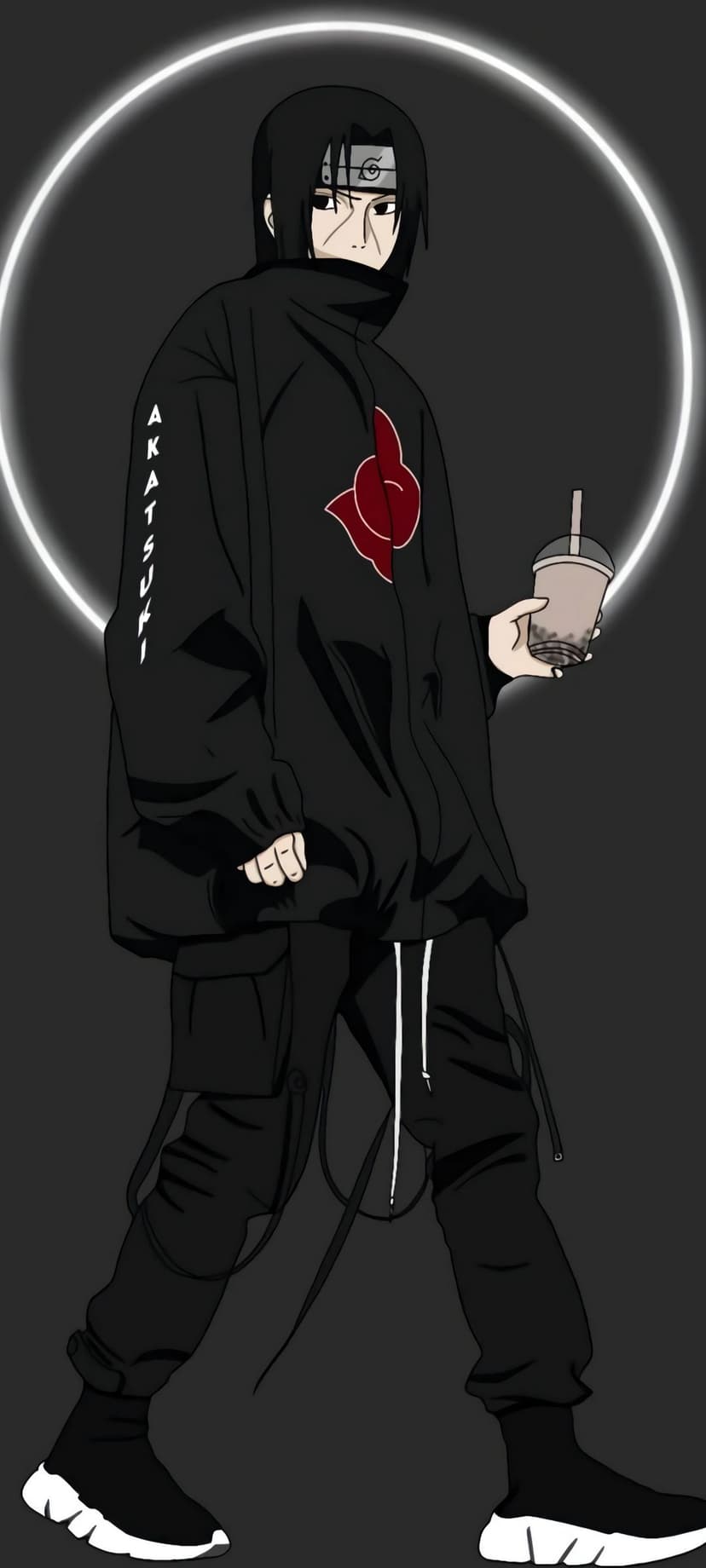 Itachi Uchiha wearing a black Akatsuki hoodie and cargo pants, holding a bubble tea against a glowing white ring.