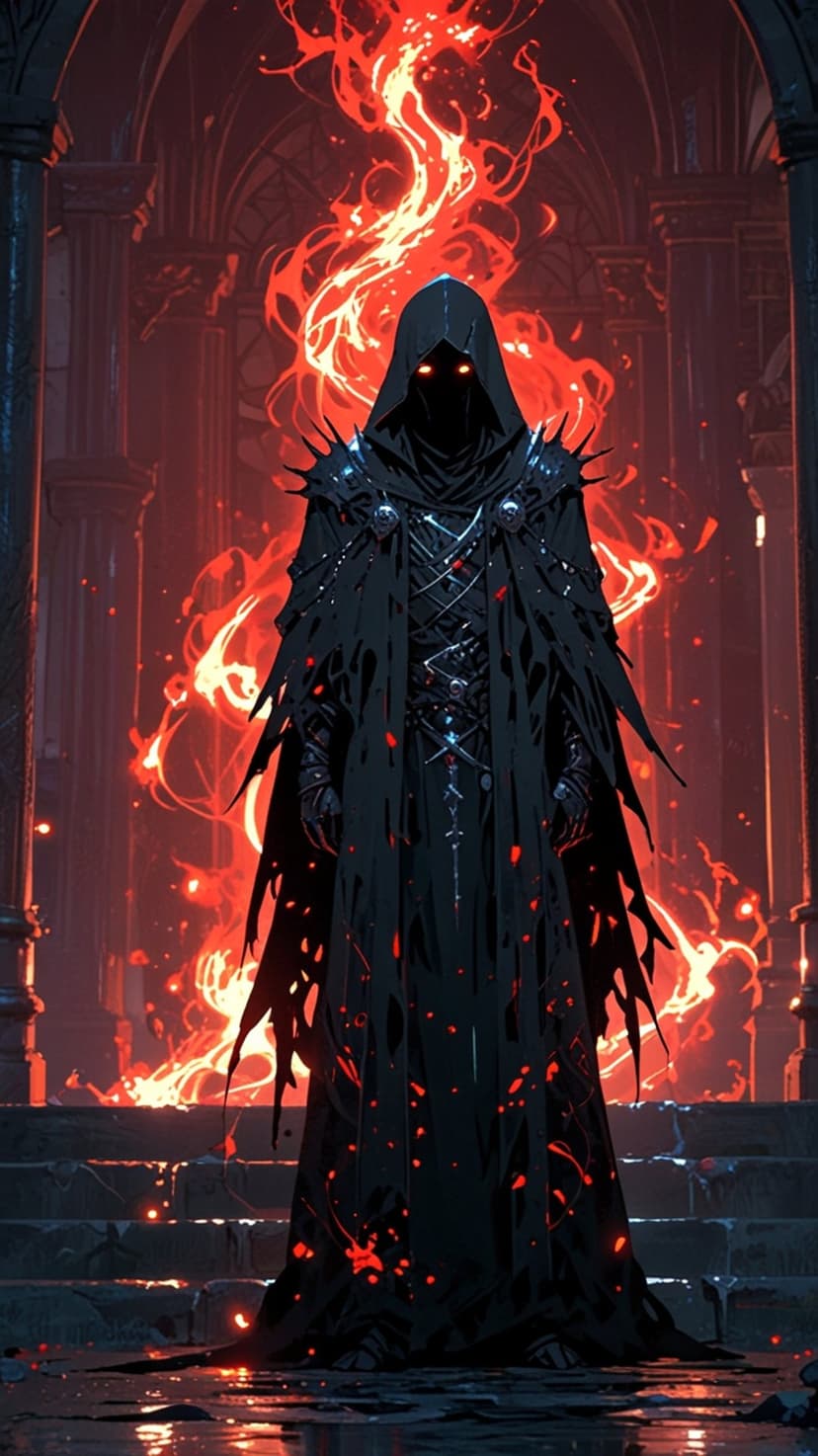Hooded figure with glowing red eyes stands in burning gothic ruins with floating embers and swirling flames.