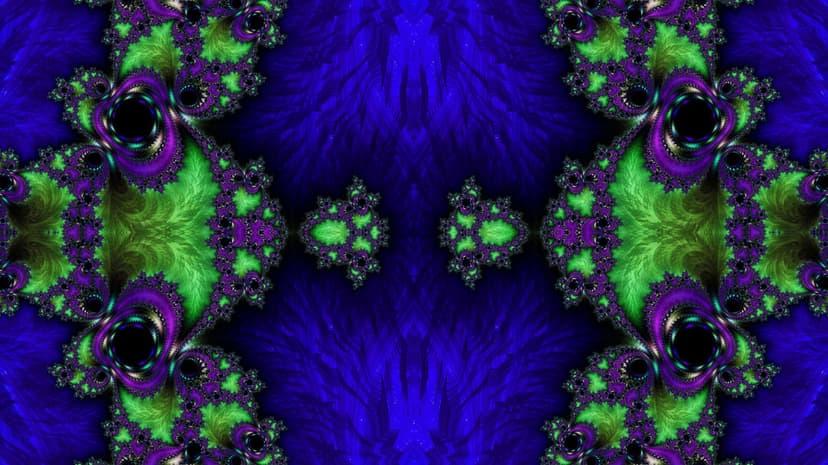 Psychedelic fractal pattern with interlocking green and blue geometric spirals showing sharp digital textures.