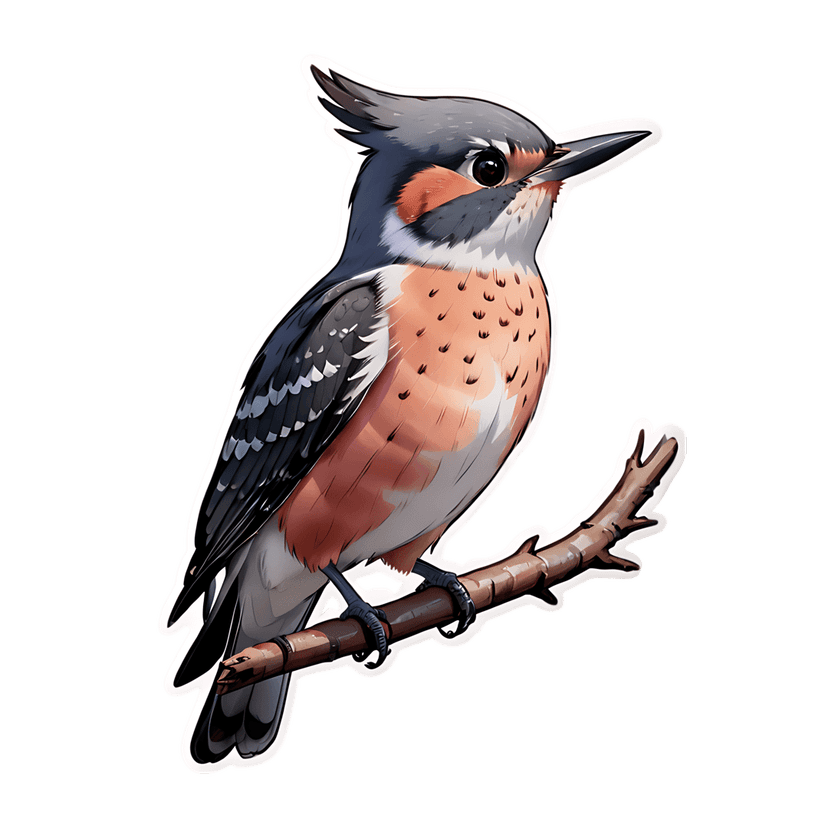 Gray crested bird sticker illustration with an orange chest and blue wings perched on a small wooden branch.