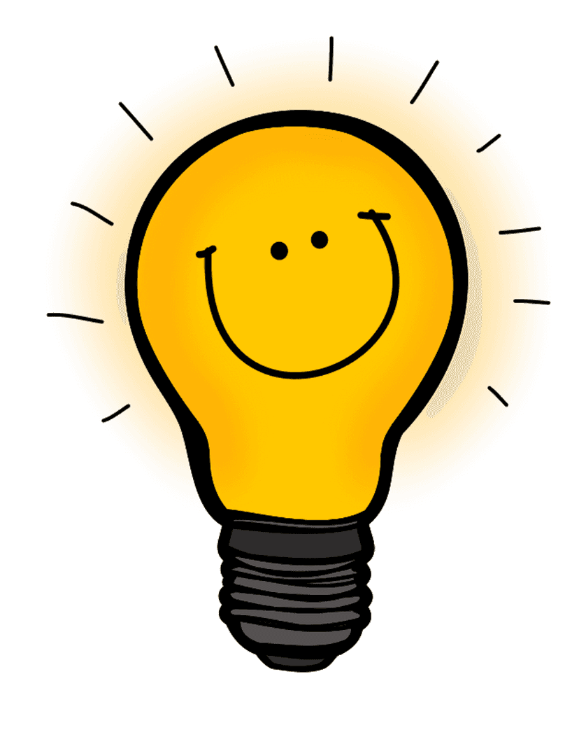 Yellow light bulb character with a smiling face and glowing internal filament over a transparent background.