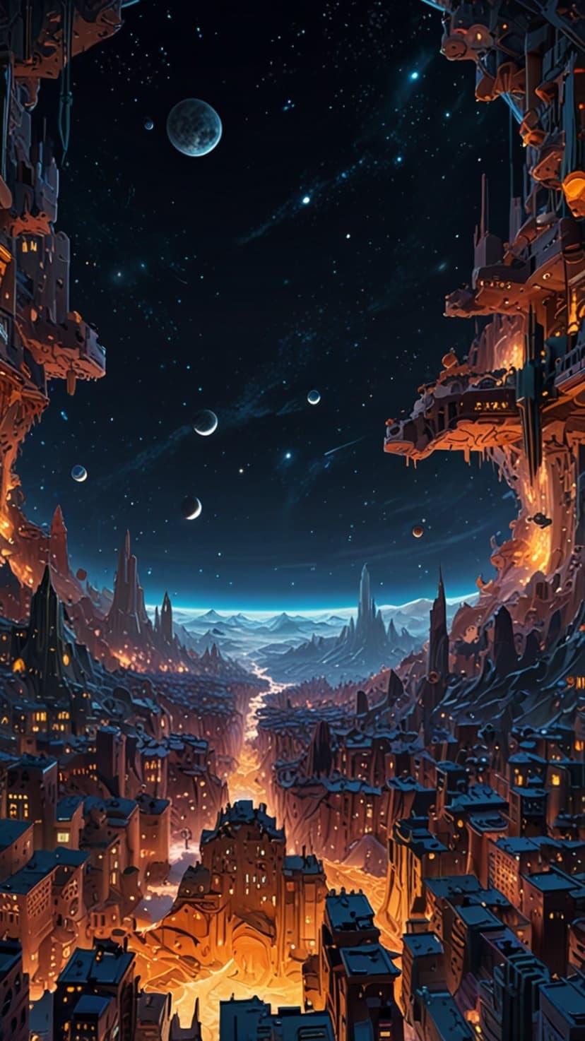 Towering futuristic buildings line a deep canyon under a purple sky with multiple moons and glowing nebulae.