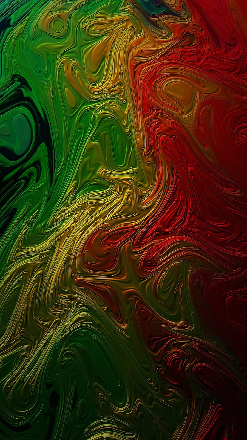 Vibrant green, yellow, and red fluid swirls intermingling in a thick, textured liquid marble pattern.