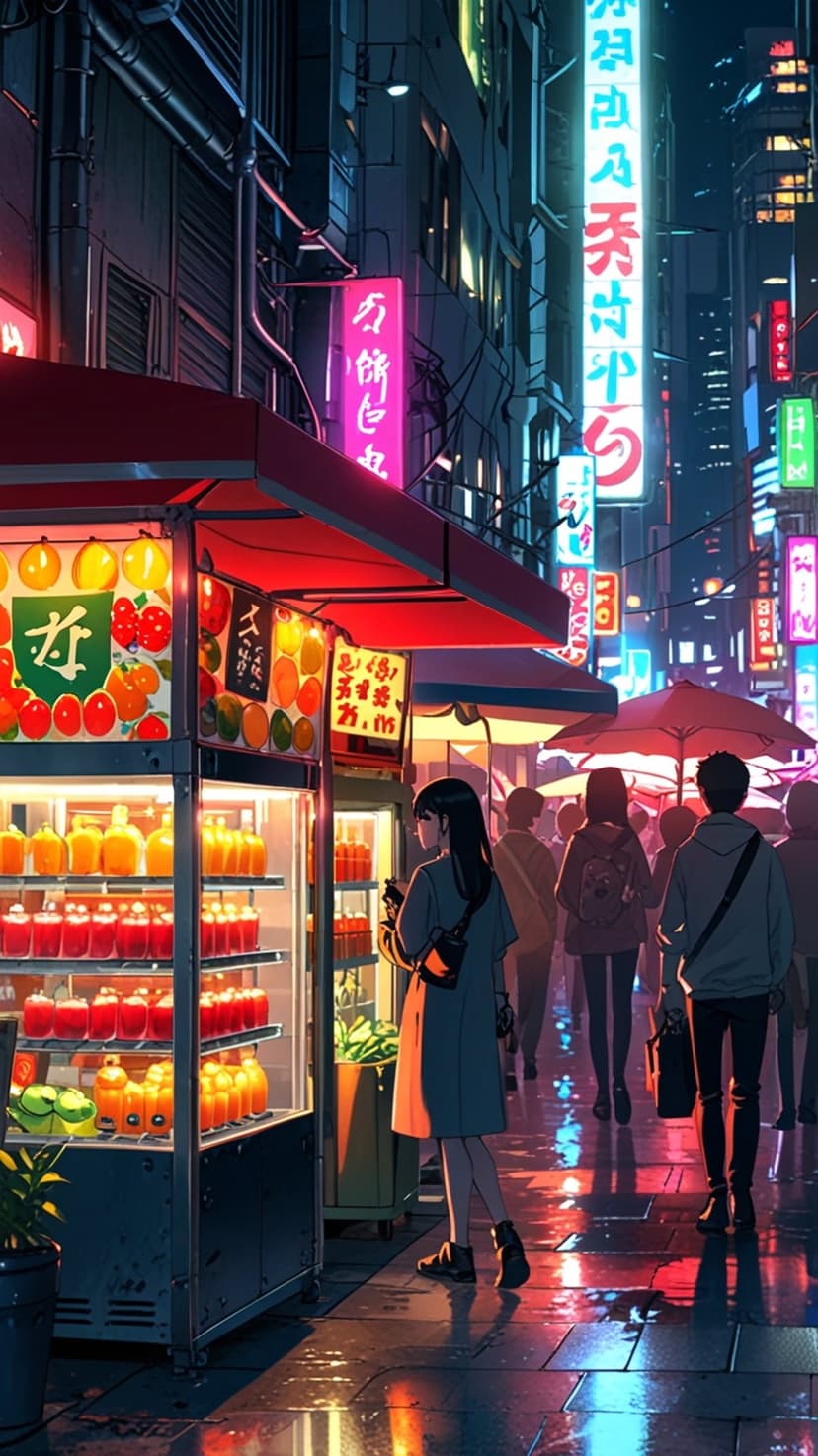 Glowing fruit stand on a rainy Tokyo street with neon signs reflecting on wet pavement and distant silhouettes.