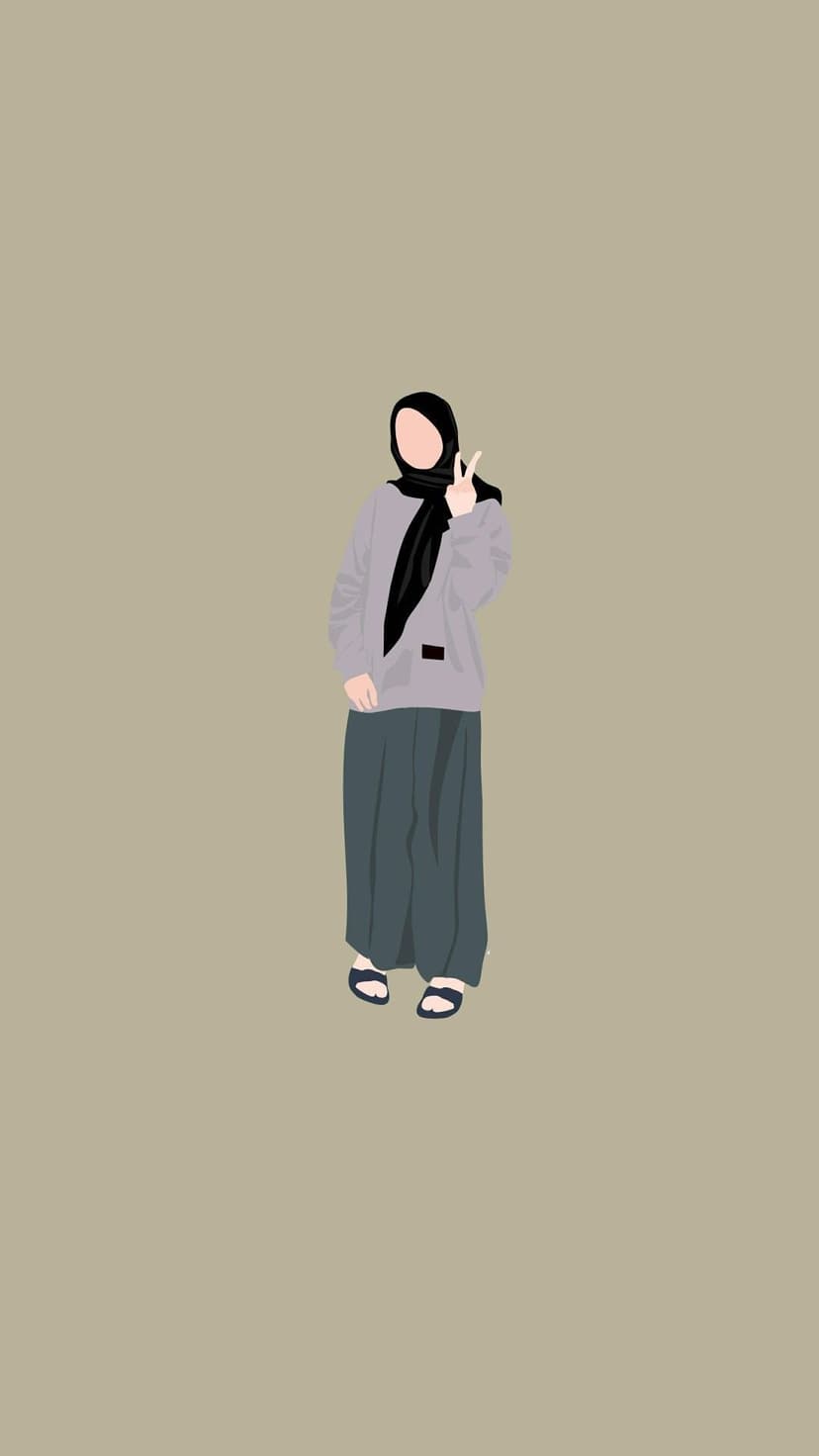 Woman in a black hijab and gray outfit making a peace sign against a solid beige background in a flat style.
