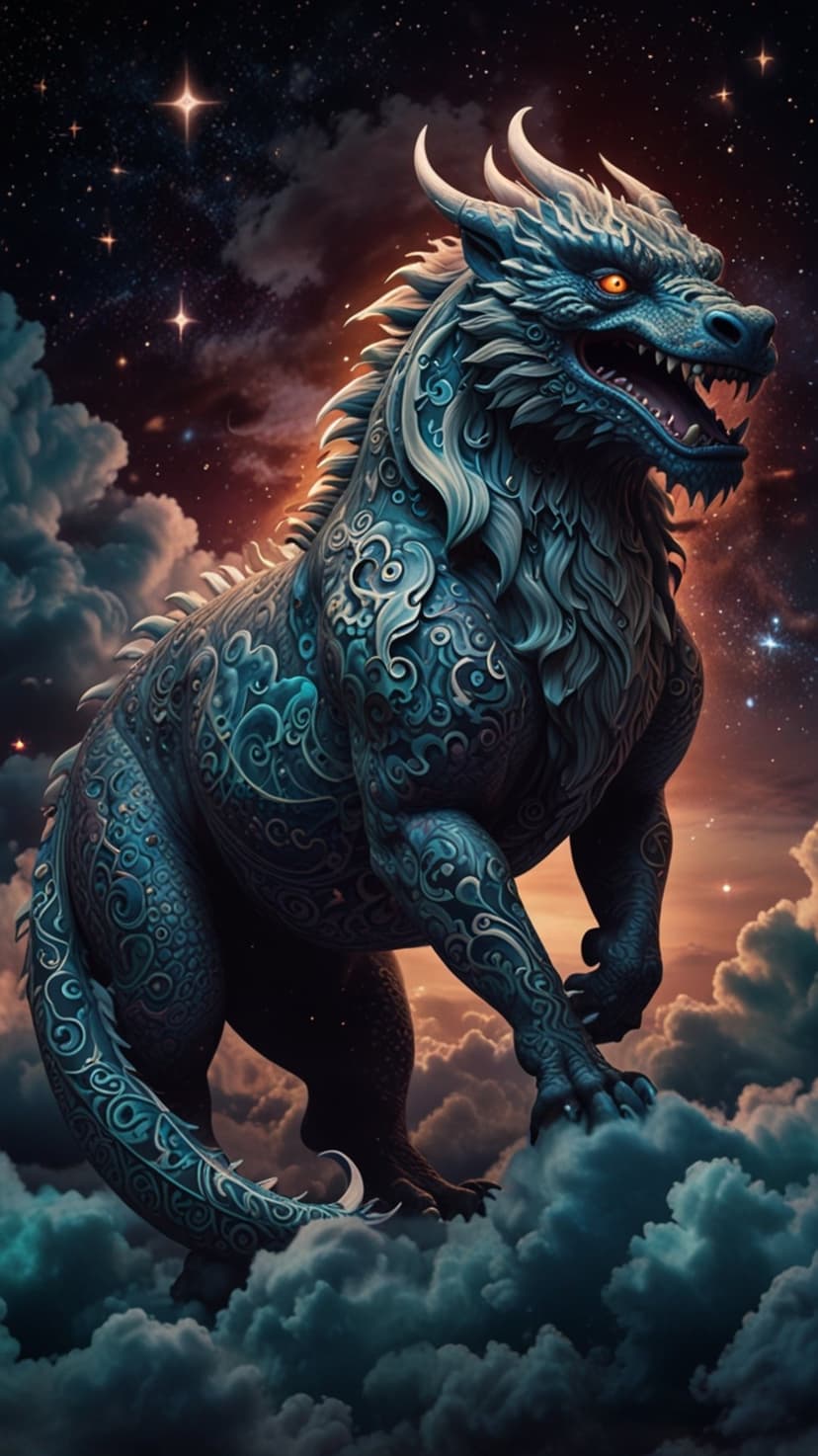 Blue dragon with glowing eyes stands amidst swirling clouds and a star-filled cosmic nebula background.