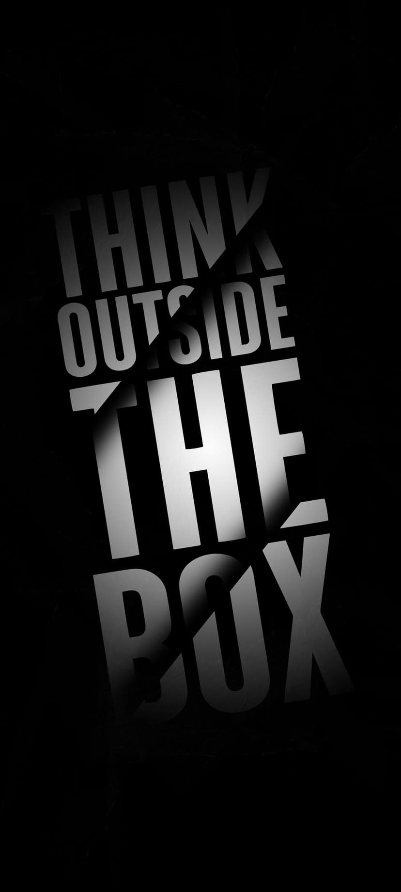 Think Outside The Box text rendered in 3D embossed white letters against a dark background with sharp shadows.