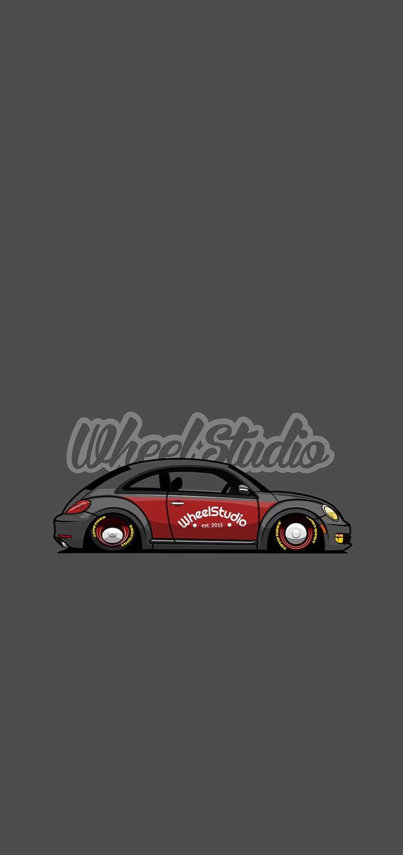 Red cartoon Volkswagen Beetle with Wheel Studio branding on the door against a solid dark gray background.