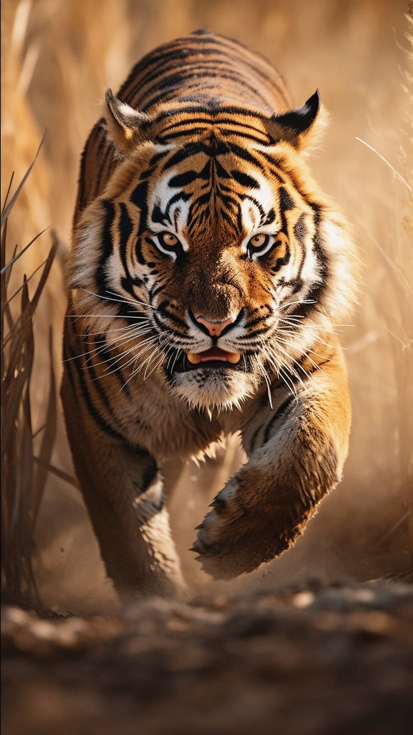 Bengal tiger with bared teeth stalks through tall golden grass with an intense, predatory gaze and sharp focus.