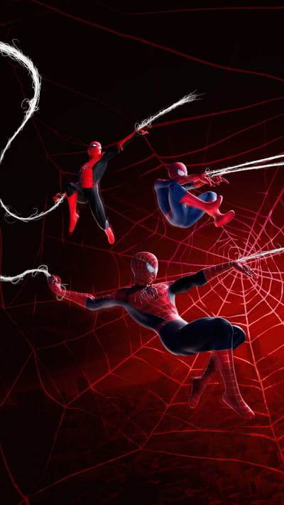 Spider-Men Swing Through Red Web in Dynamic Illustration