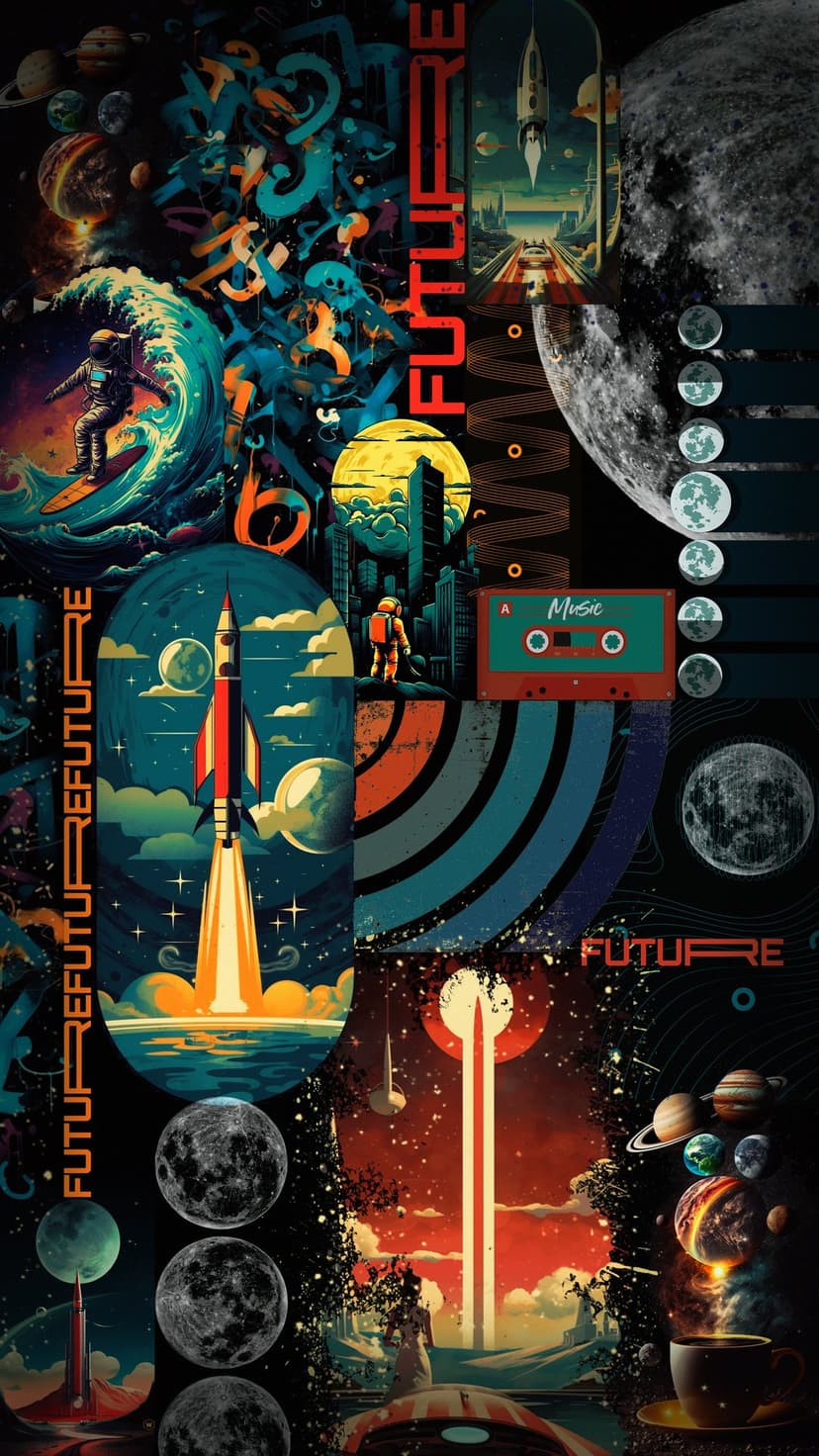 Surfing astronaut glides over a glowing city skyline beside vintage cassettes and colorful celestial bodies.