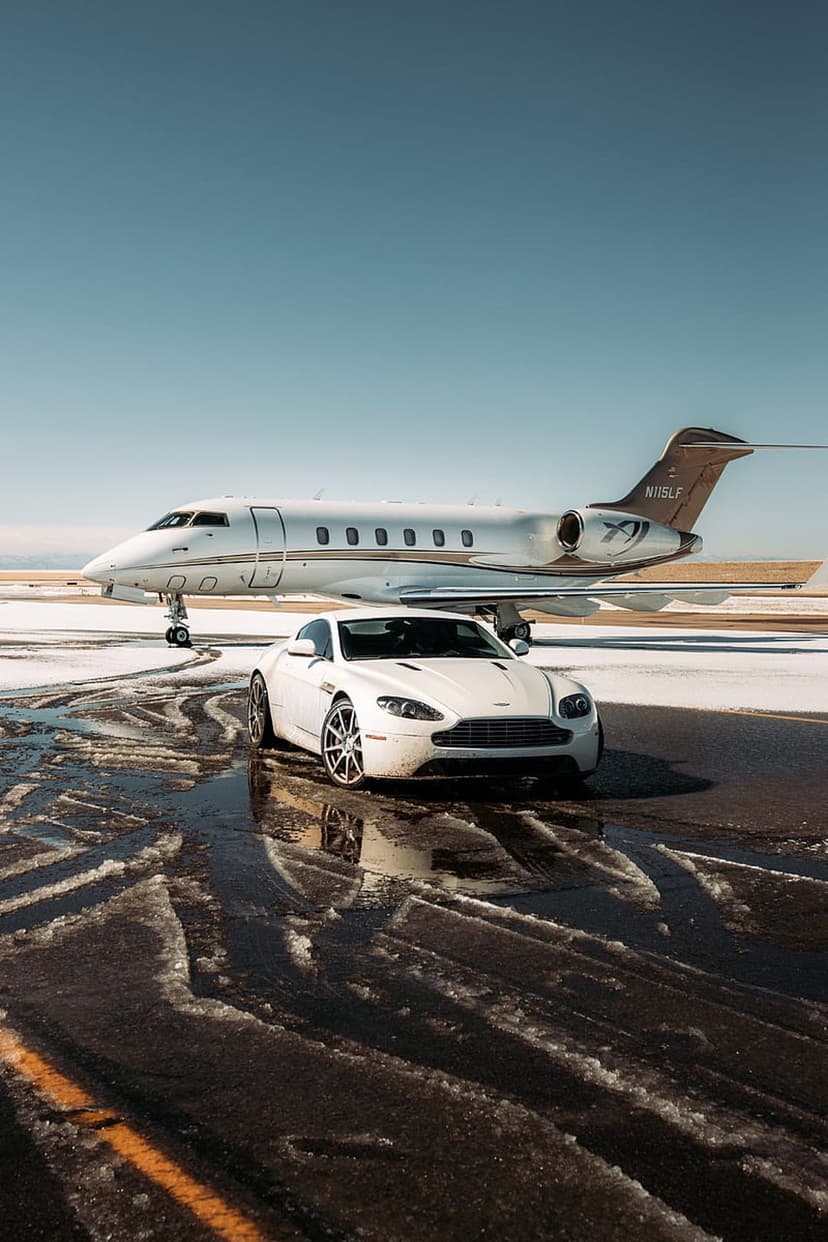 White Aston Martin sports car parked beside a private jet on a snowy, reflective airport tarmac under a blue sky.