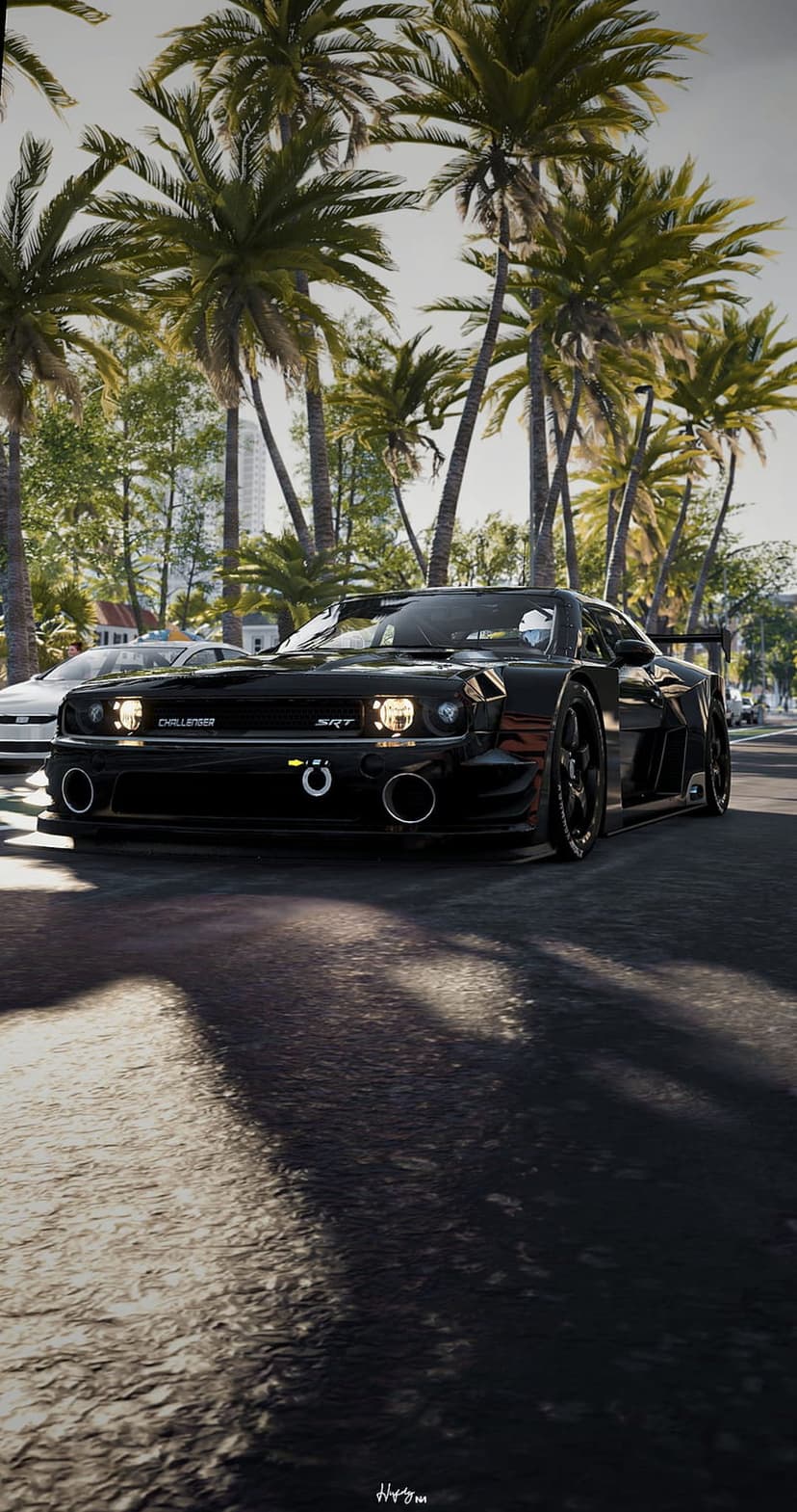 Black Dodge Challenger SRT parked on a sunlit street lined with tropical palm trees and green foliage.