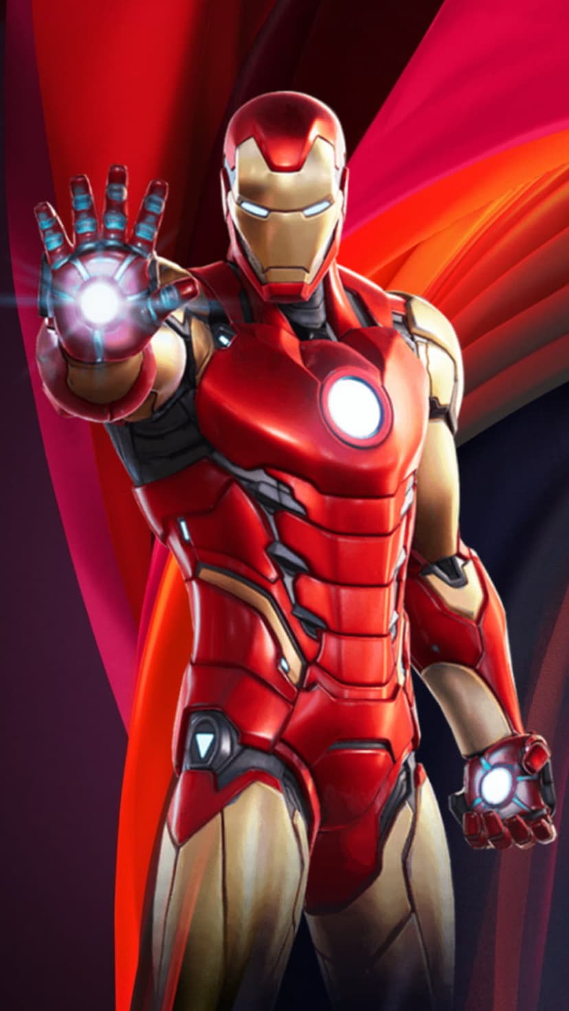 Iron Man raises a glowing repulsor hand in red and gold armor against a vibrant orange and crimson backdrop.