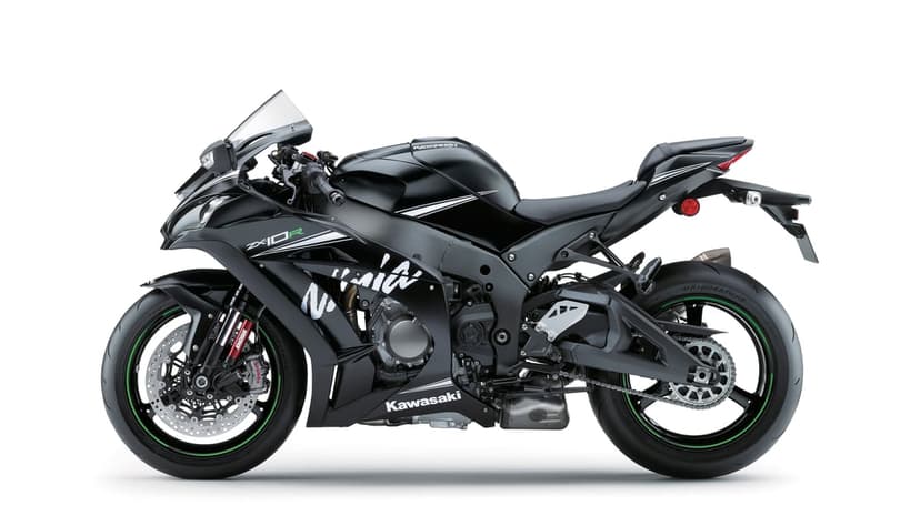 Side profile of a black Kawasaki Ninja ZX-10R motorcycle with green accents on a plain white background.
