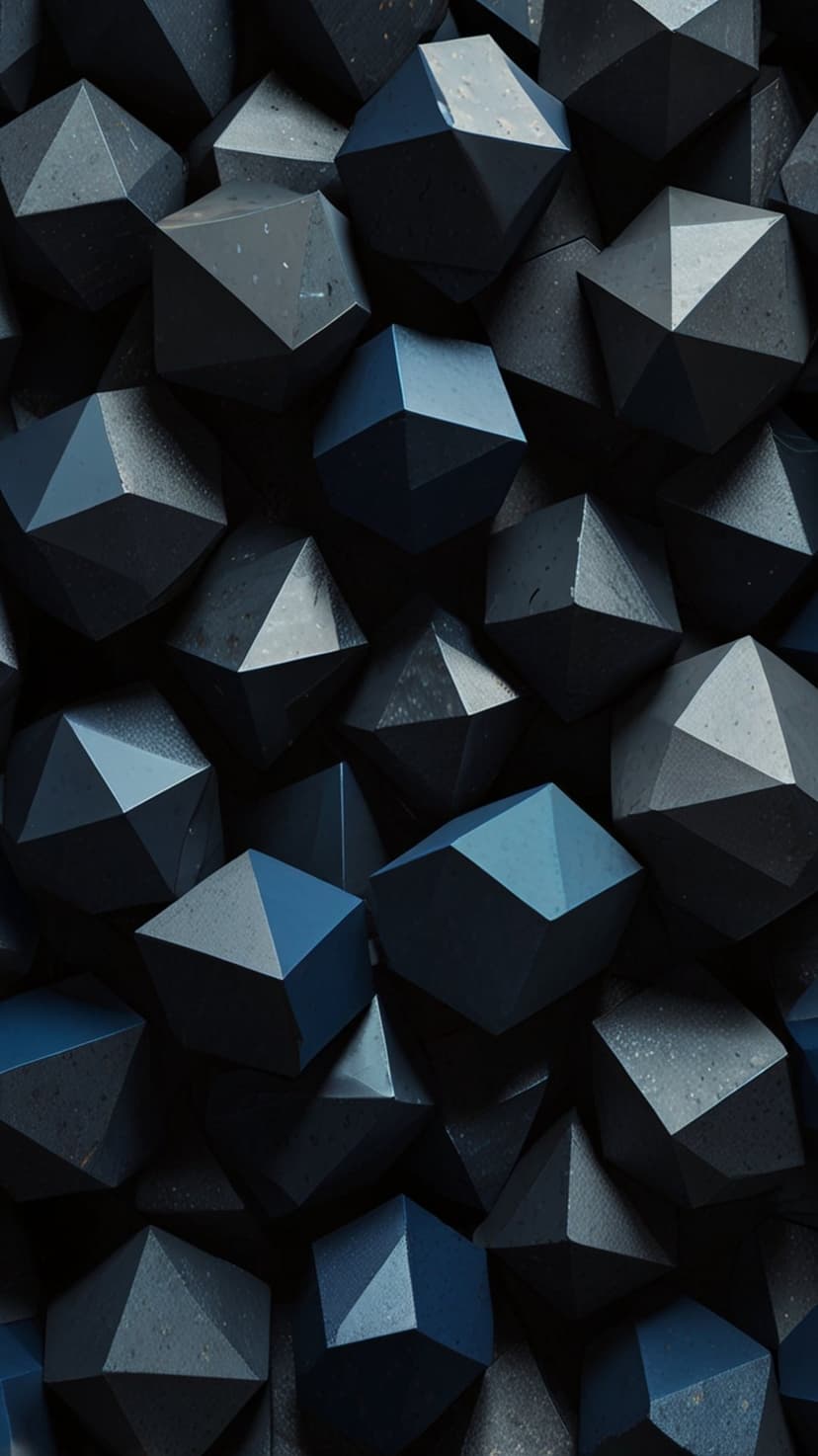 Dark polyhedral shapes in navy and charcoal gray overlap to create a three-dimensional geometric landscape.