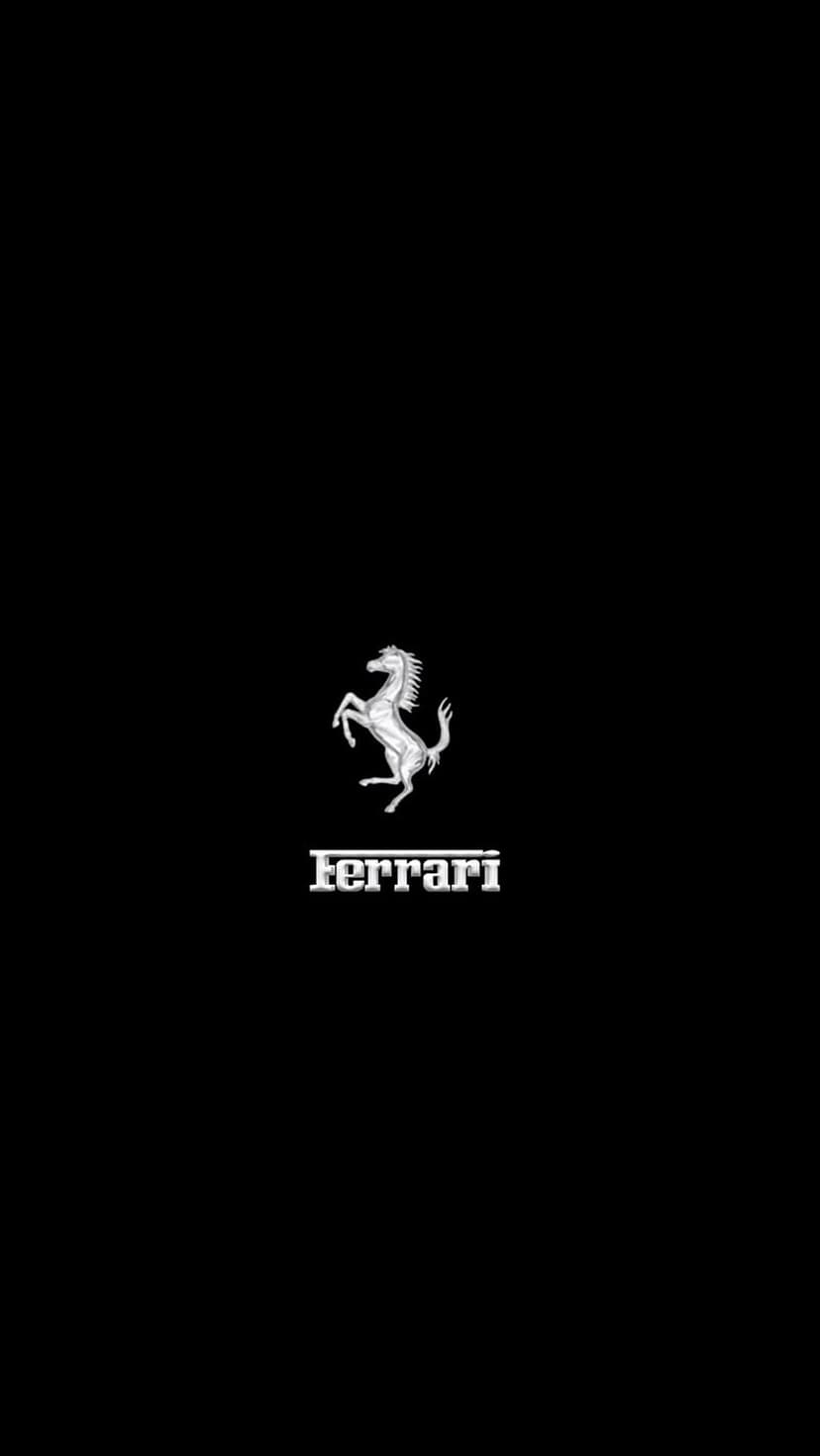 Silver Ferrari horse emblem positioned above white brand lettering on a solid, pitch-black vertical background.