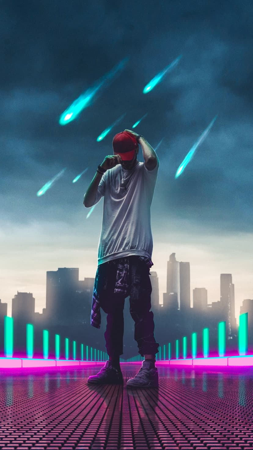 Man in a red cap stands on a glowing neon platform under a night sky with blue light streaks and city lights.