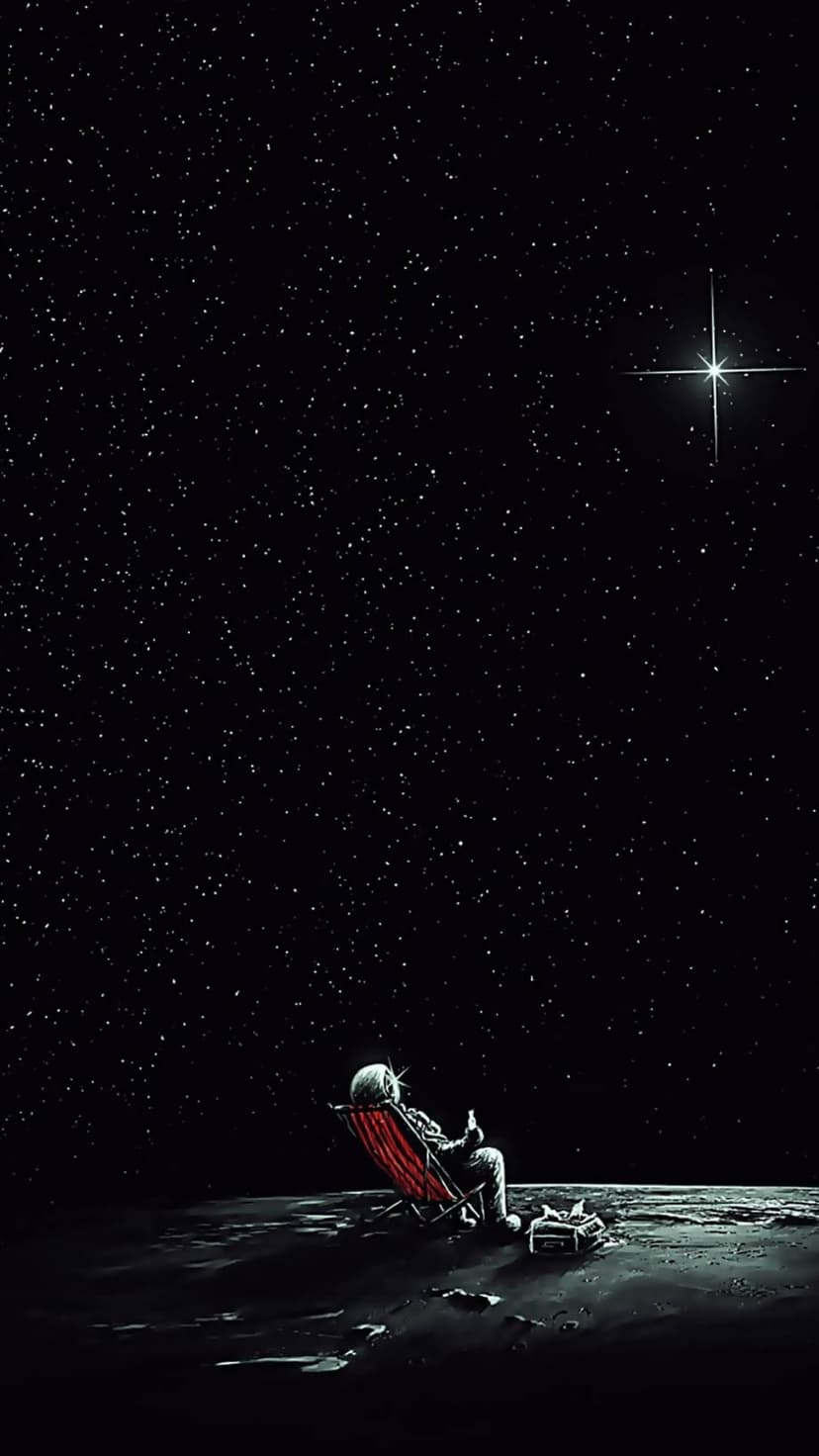 Astronaut in a lounge chair on the lunar surface gazes at a bright star amidst a dense, shimmering star field.