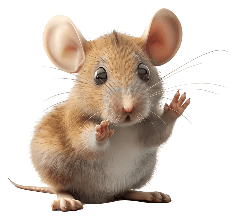 Surprised cartoon mouse character features large ears and wide eyes against a transparent background for design.