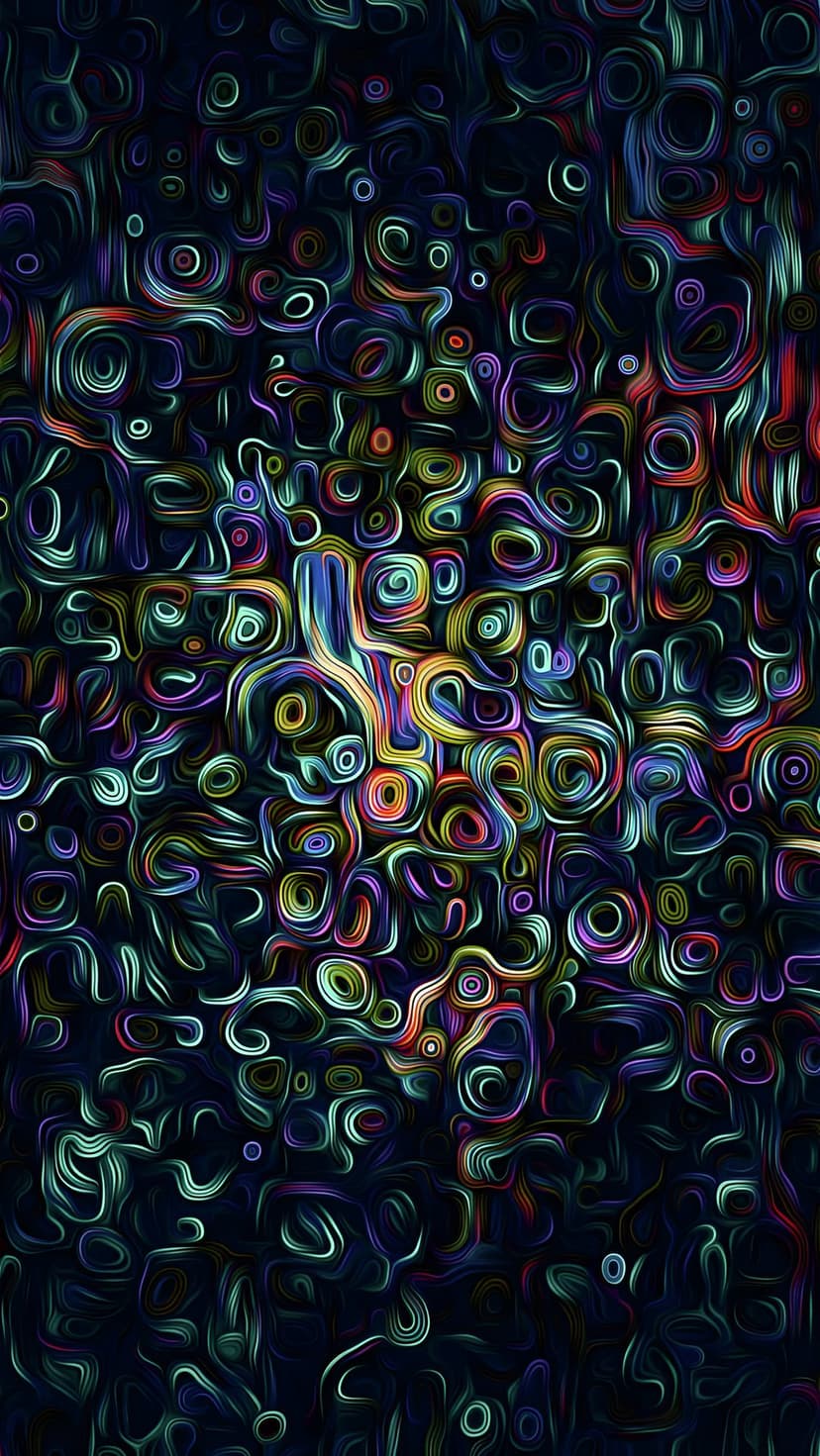 Luminous neon filaments and glowing orbs swirl together against a dark background with blue and purple gradients.