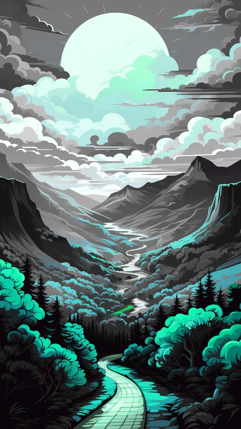 Giant moon hangs over a winding river and jagged mountains with turquoise foliage in a vertical night landscape.