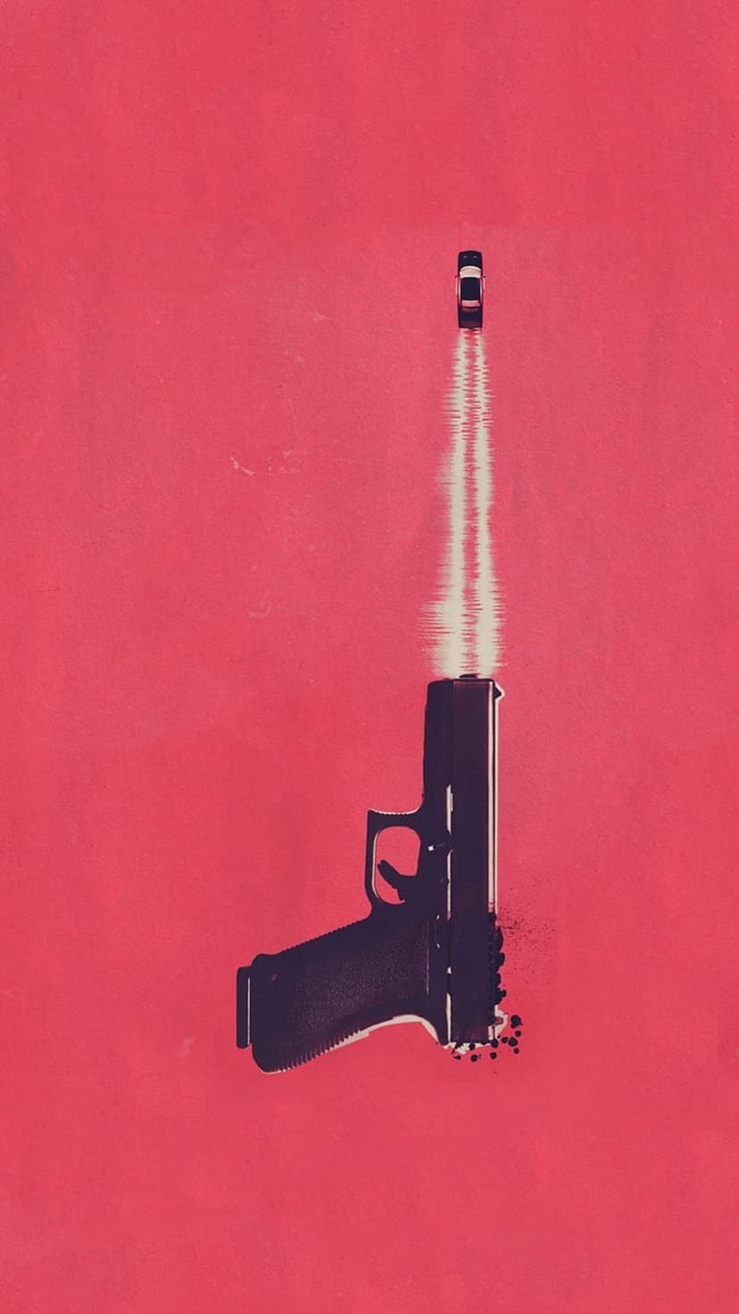Handgun silhouette pointing upward and morphing into a car silhouette against a solid vibrant red background.