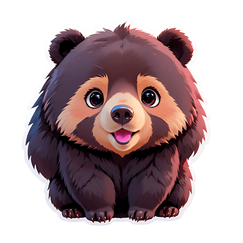 Dark brown bear cub sticker with fluffy fur texture, front view, blue nose, and white outline on a plain background.