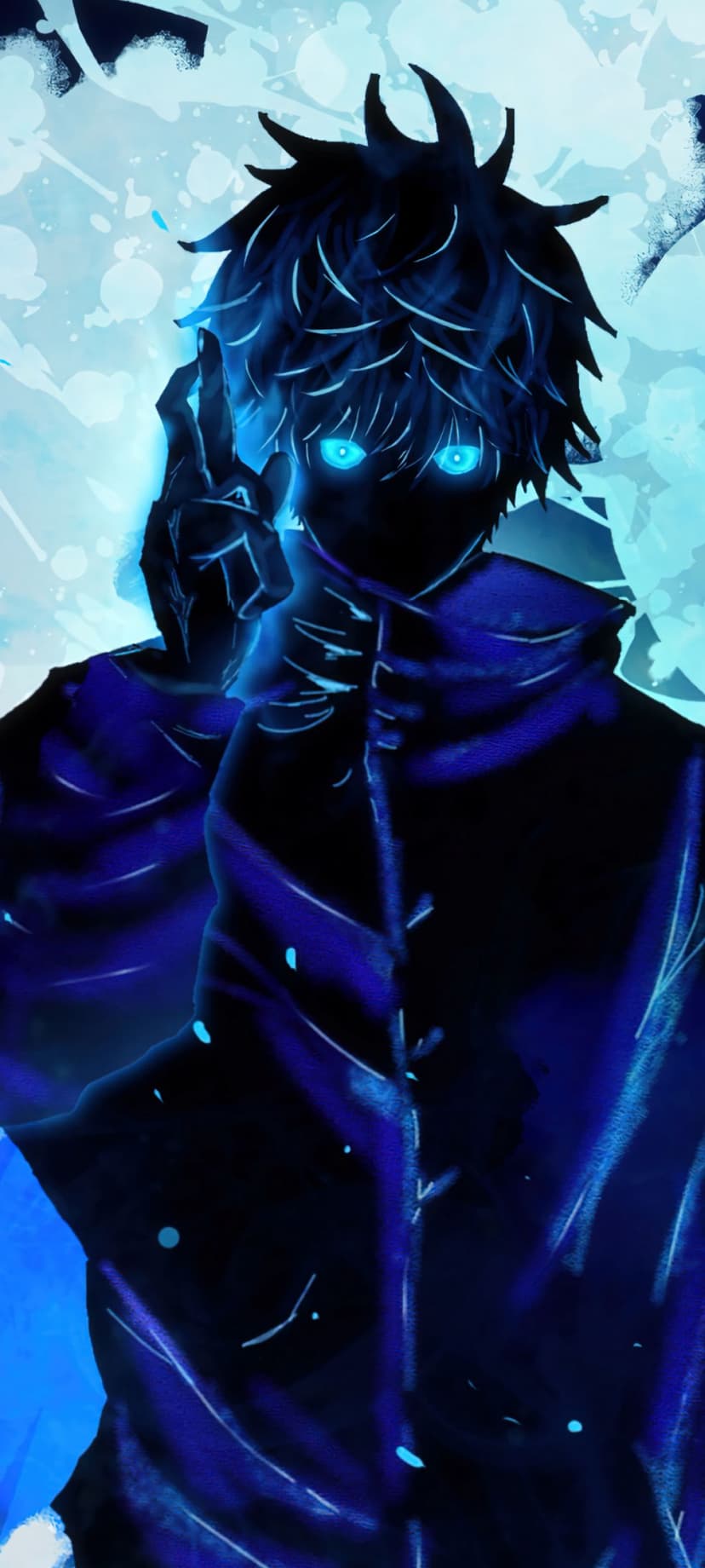 Spiky-haired anime character with glowing blue eyes stares forward amidst dark shadows and neon light streaks.