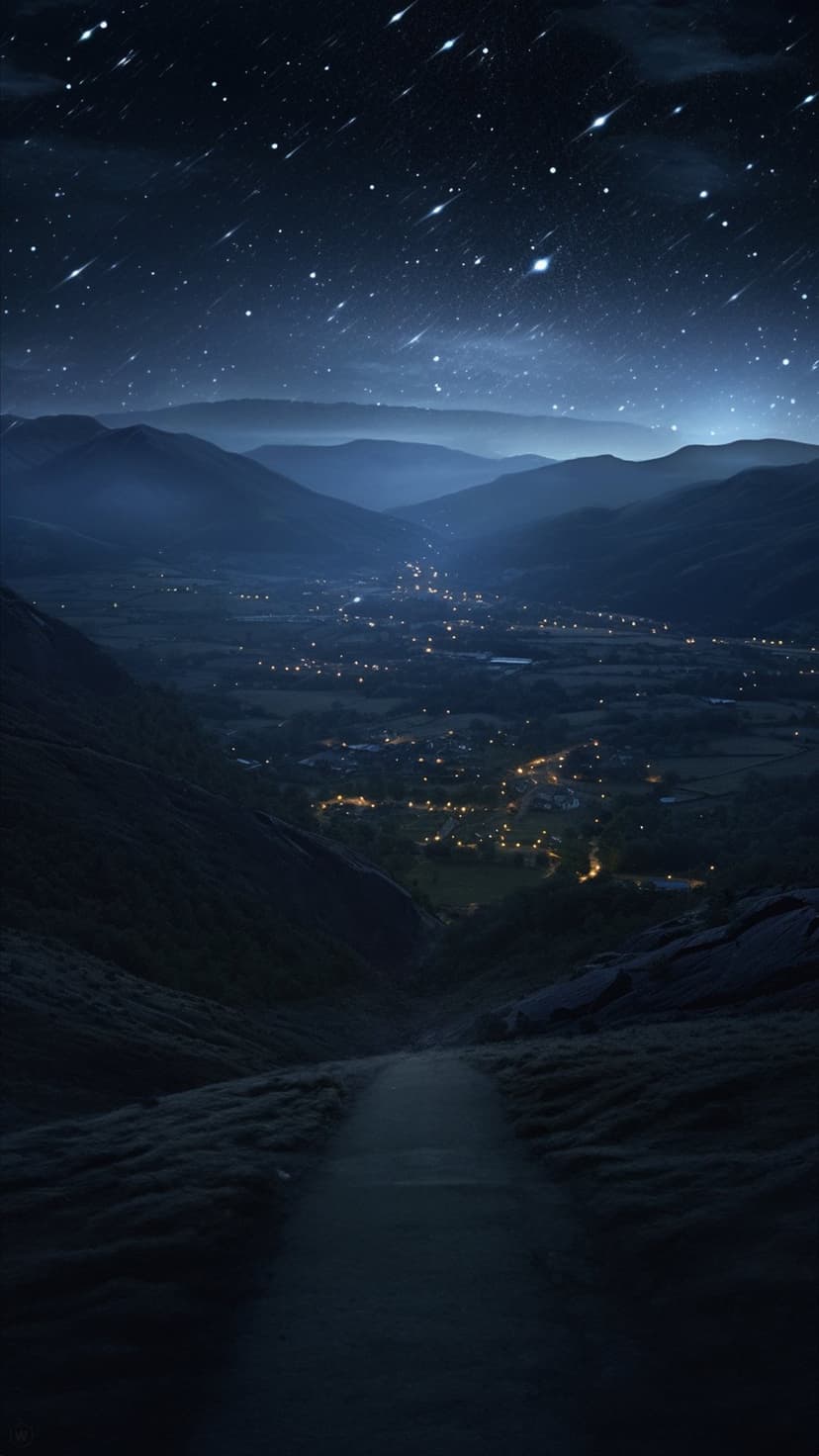 Winding mountain path leading to a glowing valley under a starry sky and meteors during a calm nocturnal evening.