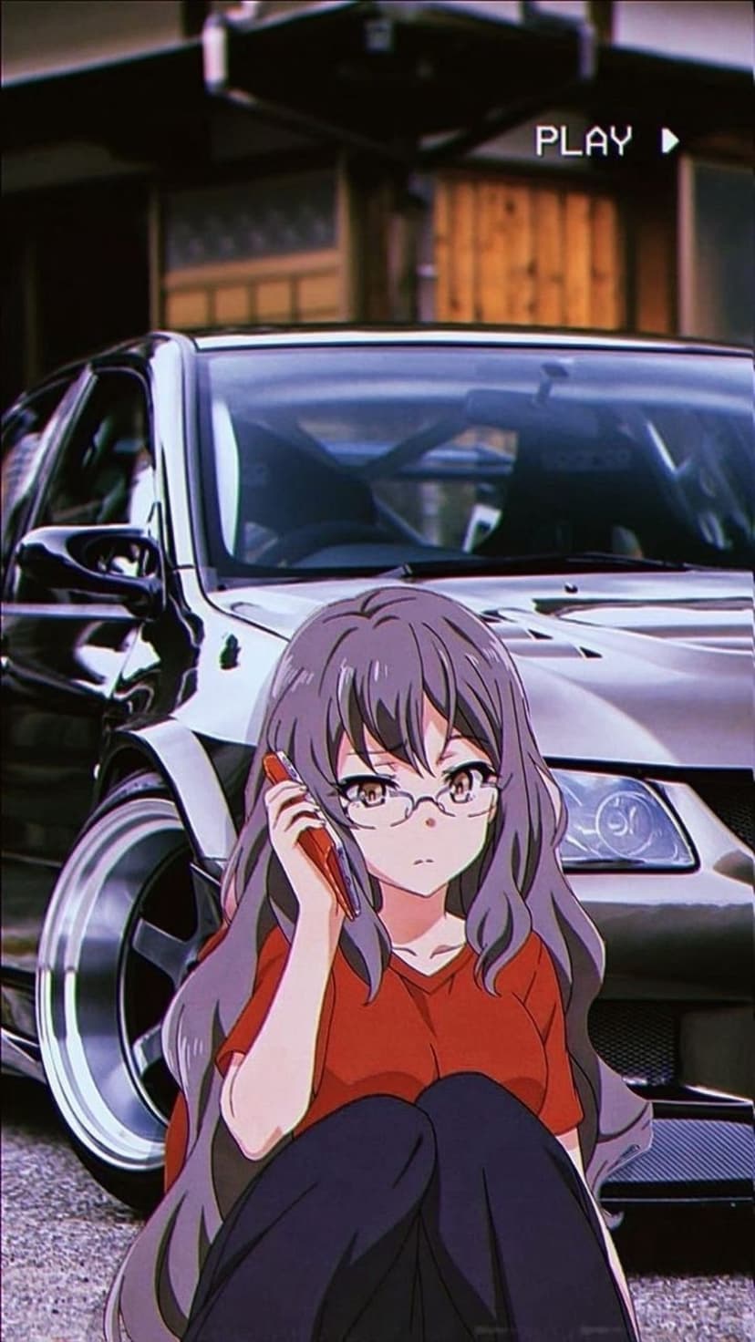 Purple-haired woman with glasses holds a red phone near a sleek sports car with a retro VCR play button overlay.
